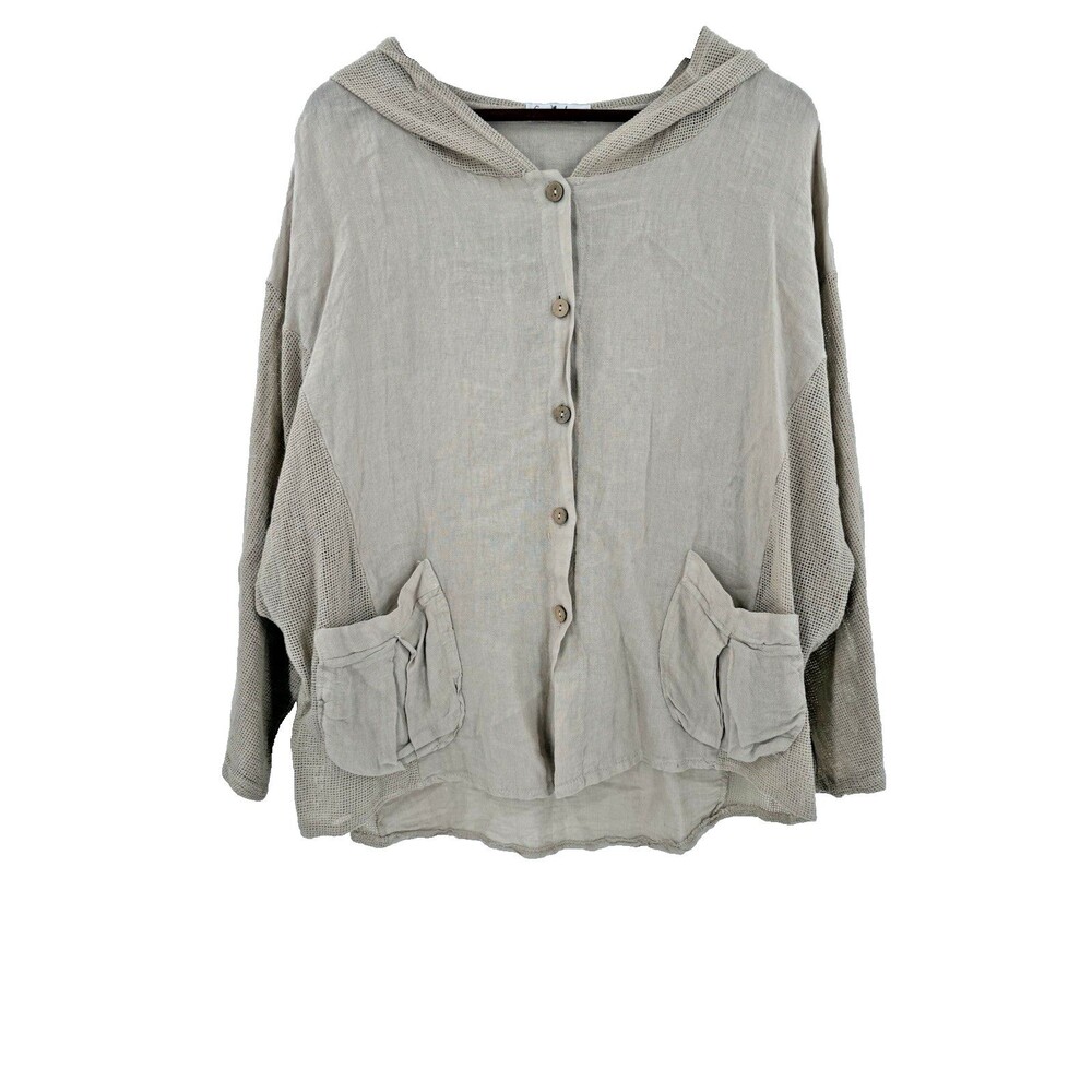 GiGi Moda Italy 100% Linen Hooded Button Up OS Natural Flax Lagenlook Pockets